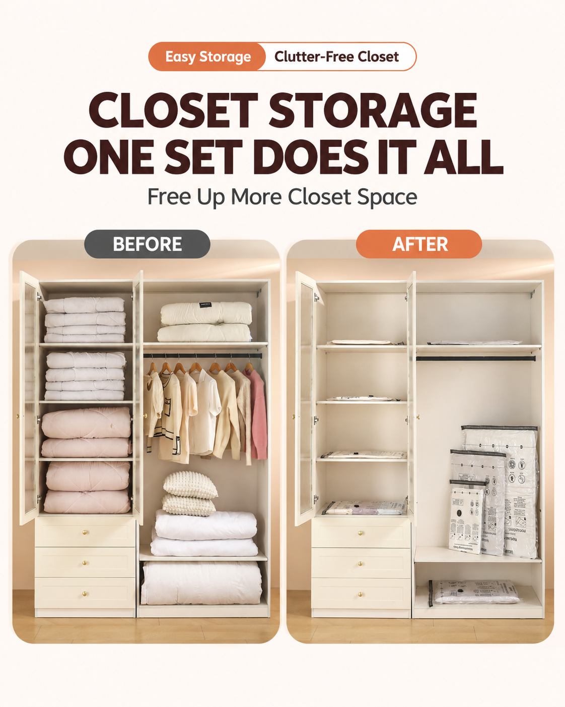 Closet storage before and after using vacuum storage bags