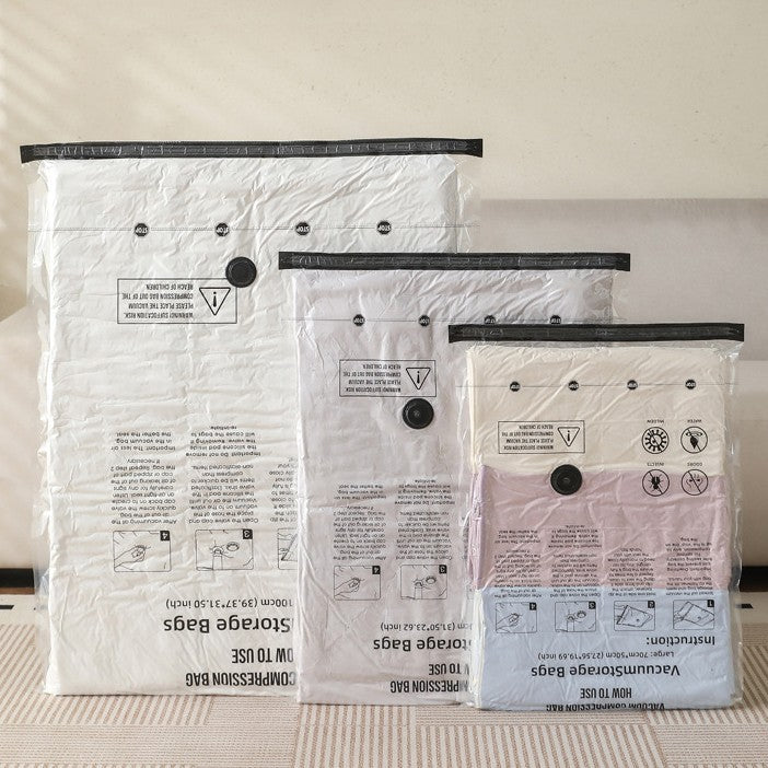 Multiple sizes of vacuum storage bags in a home setting