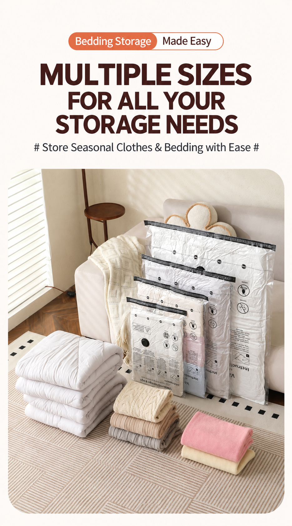 Multiple vacuum storage bag sizes for bedding and home storage