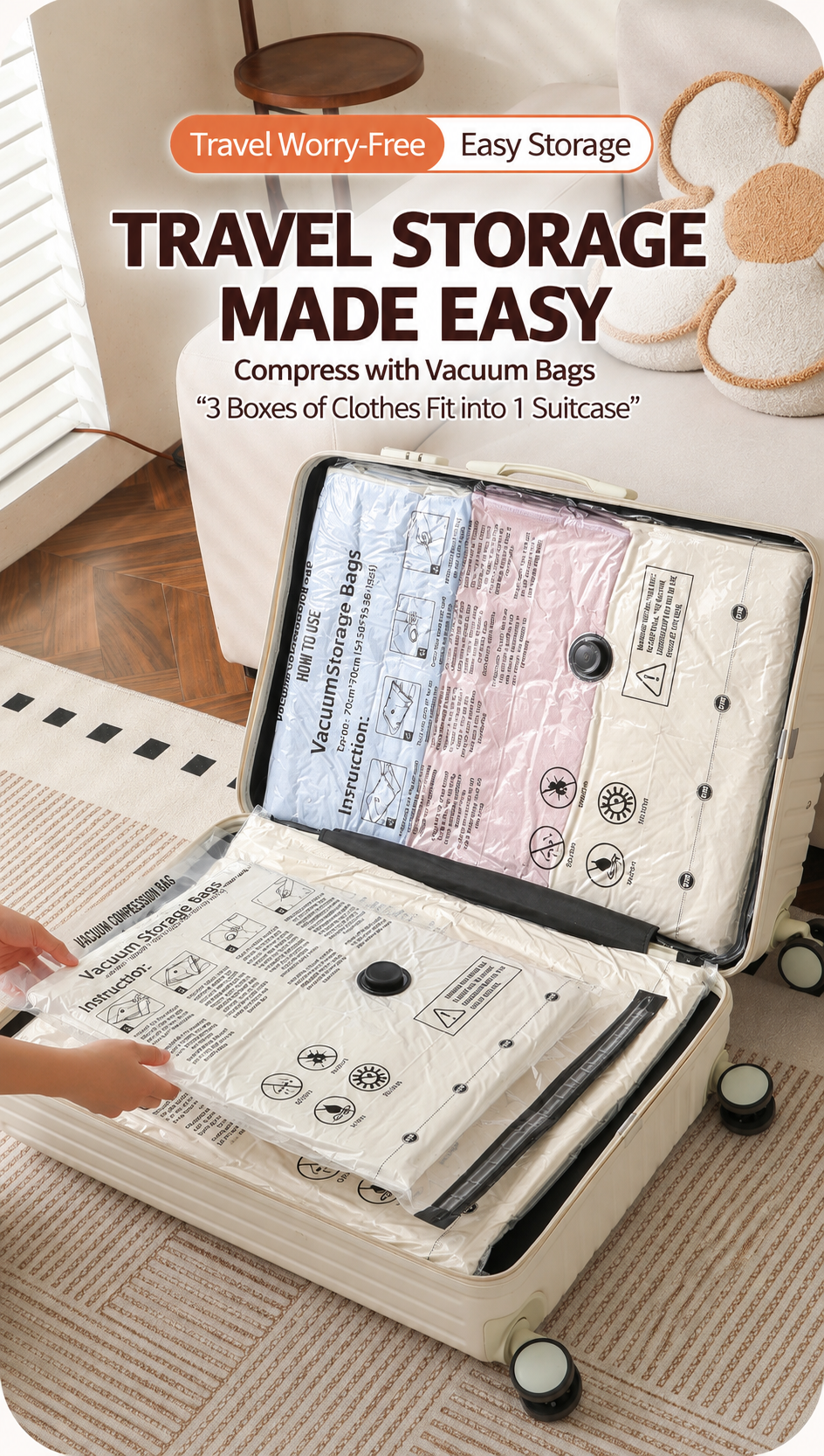 Vacuum storage bags arranged in a travel suitcase