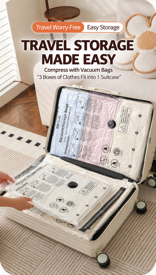 Vacuum storage bags arranged in a travel suitcase